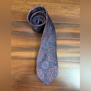 🌿SALE🌿BAUMLER 100% Silk Pink Floral on Blue Background Dry Clean Necktie